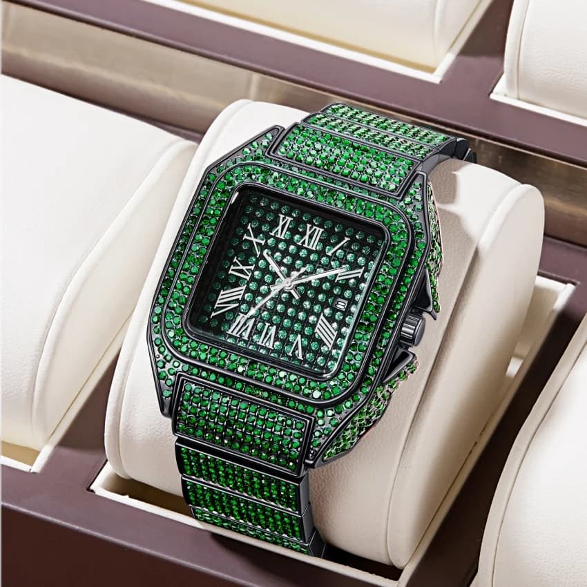 Orologio Green Diamond Iced Out con placcatura nera, quadrante con numeri romani, larghezza 24 mm, movimento al quarzo, cinturino da polso per uomo e donna