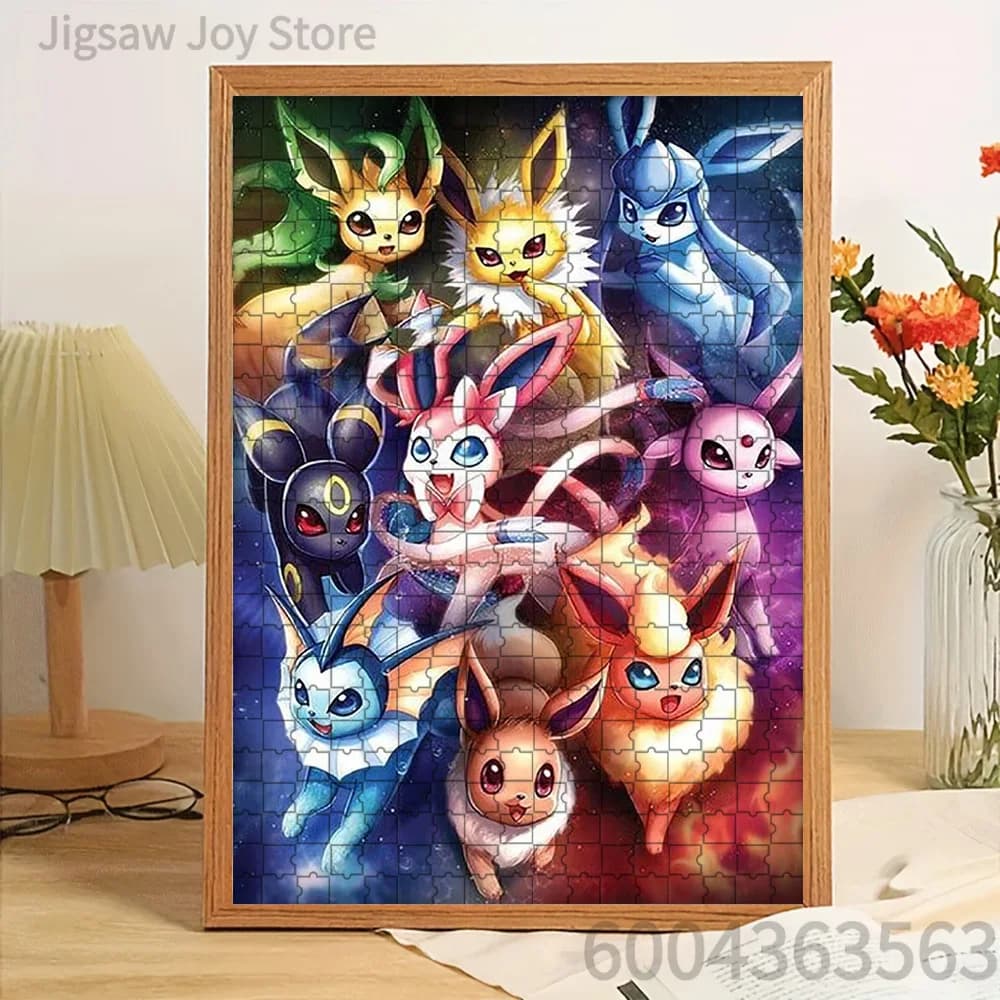 Puzzle di carta con sfondo di galassie cosmiche Eeveelutions, rompicapo artistico