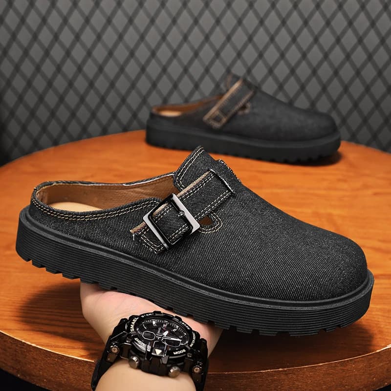 Mezze scarpe con suola spessa per uomo Ciabatte Sandali con punta chiusa con plateau in denim Slip On Mocassini senza schienale Pantofola Semi-Drag Scarpe casual