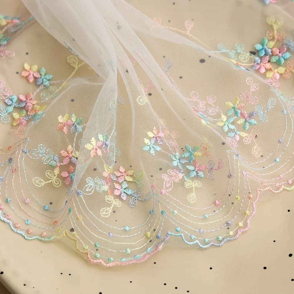 2/5 Yard Multicolor Embroidery Lace Edge Skirt Ivory Fabric Wedding Lace Trim Embroidery Sewing Crafts Doll Material