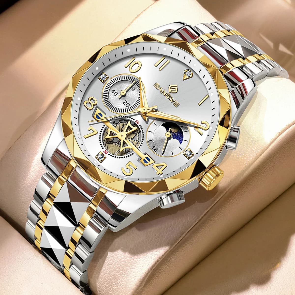 BANGWEI Men's watches business fashion luminous moon phase male watch chronograph quartz casual luxury Man watch reloj hommes