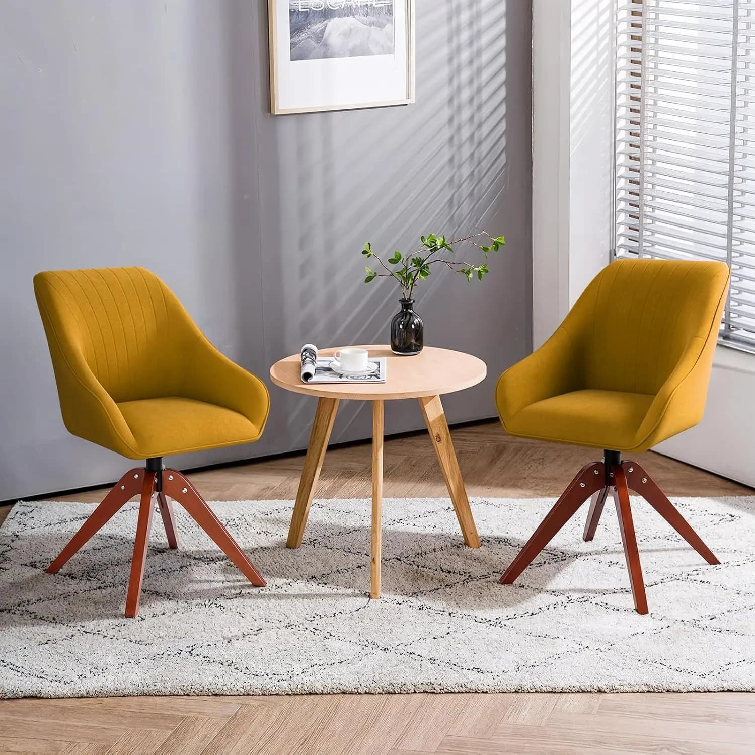 Set di 2 Poltrone Girevoli Imbottite in Lino con Gambe in Legno, Sedute per Lettura, Camera da Letto, Soggiorno, Ufficio, Giallo, Personalizzabile
