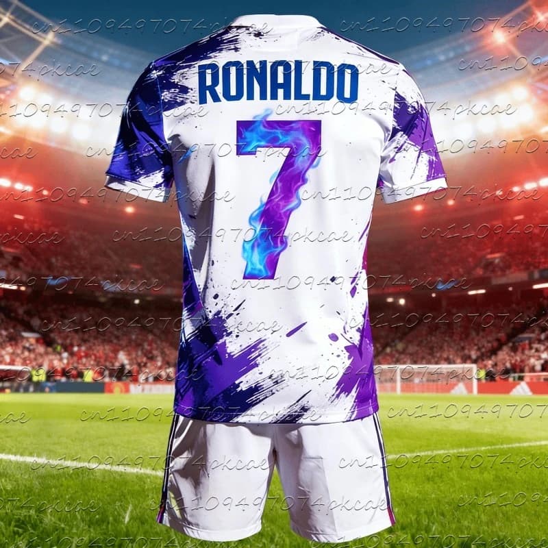 New Ronaldo 2 pieces # 7 T-shirt crew neck with blue-violet flame number + shorts Set of summer sports mesh training sets for adults