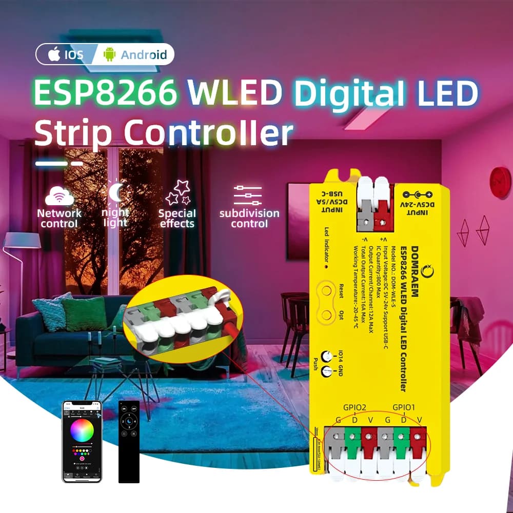 DOMRAEM DIY WLED Controller ESP8266 USB-C Digital WS2811/12B/14/15/05 Addressable LED Strip Controller |800IC |16A Fuse|HA Alexa