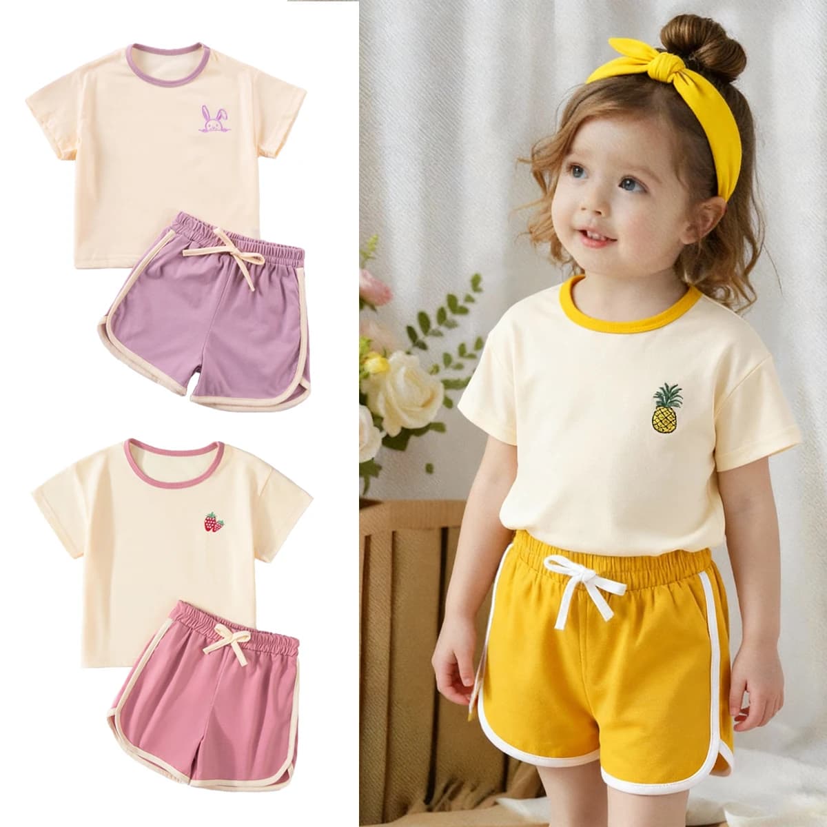 Set estivo da ragazza con ricamo di frutta Top e pantaloncini a maniche corte in cotone Abbigliamento alla moda Set casual in due pezzi Abiti per bambini