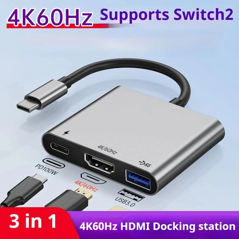 Hub USB C 3 in 1, Splitter Tipo C, Docking Station Thunderbolt 3, Adattatore per Laptop con HDMI 4K 60Hz, USB3.0, PD100W, Switch 2