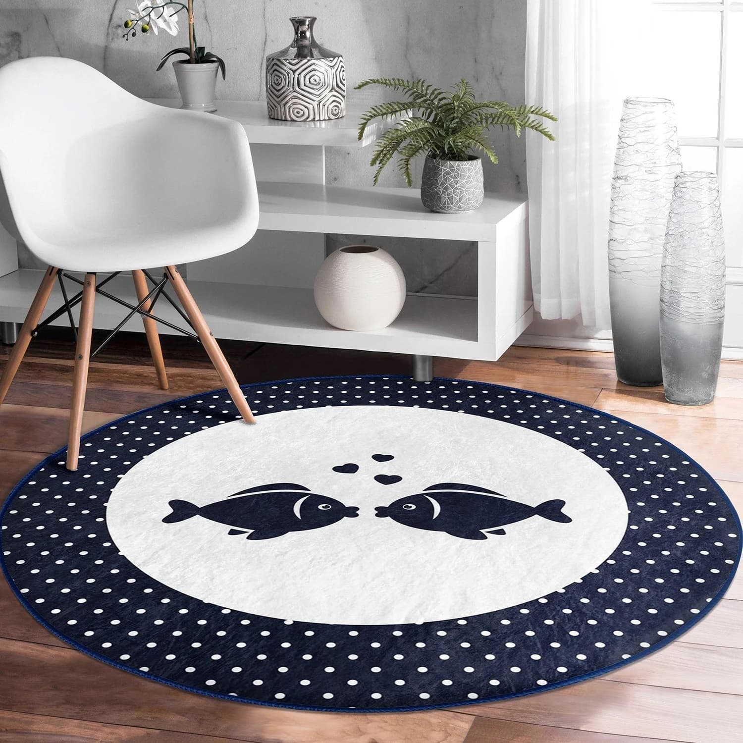 Nautical Round Carpet, Non-Slip Round Carpet, Anchor and Wheel Round Carpet, Fish and Boat Pattern Area Rug, Coastal Home Decor Multifunctional Mat