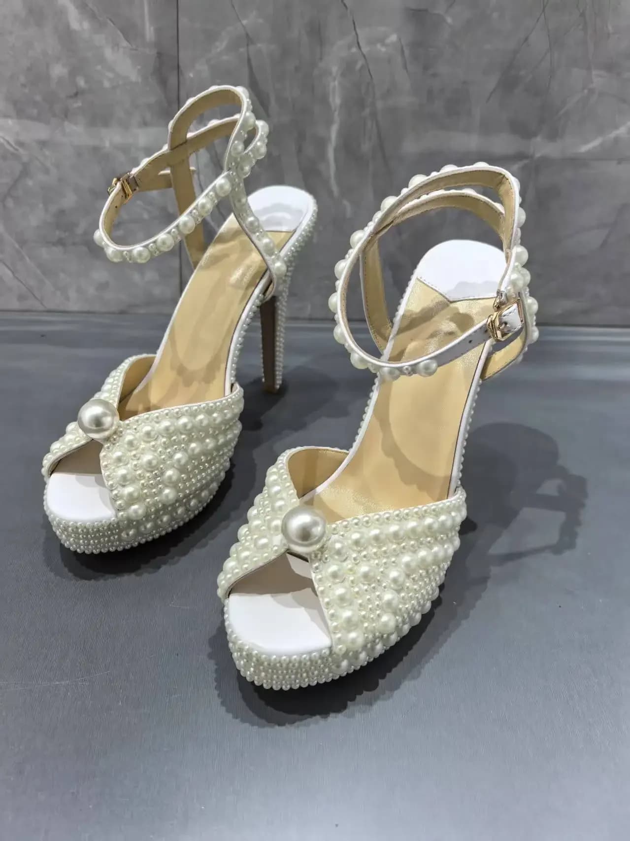 Spring 2025 New Women's High Heels Peep Toe Thick Thin Pearl Decoration Elegant Sweet Women Sandals Banquet Party Dress Shoes