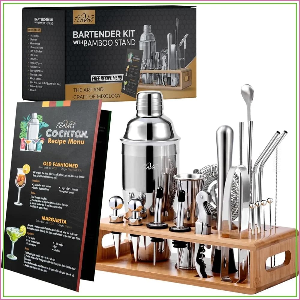 25-Piece Stainless Steel Cocktail Set with Bamboo Stand - Japanese Jigger, Shaker, Strainer & More for Home Bar