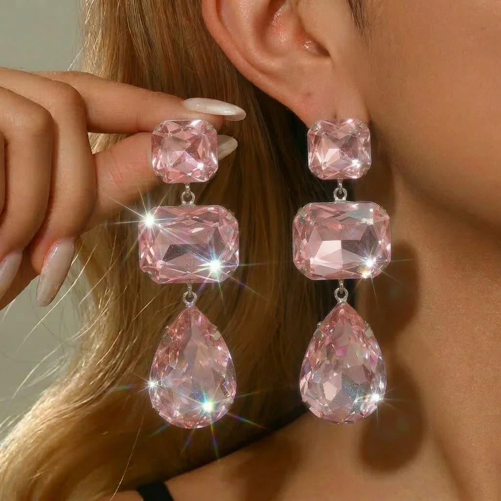 Orecchini di cristallo di lusso in tre pezzi per la sposa, strass quadrati a goccia, orecchini pendenti, per damigelle d'onore, gioielli da ballo