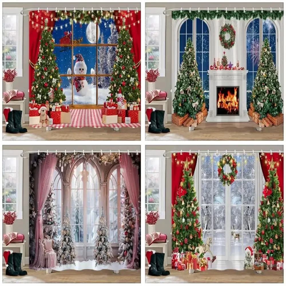 Tende da doccia per feste di Natale Camino Albero di Natale e regali Pupazzo di neve Scena di neve Tenda da doccia lavabile Decorazione artistica per il bagno