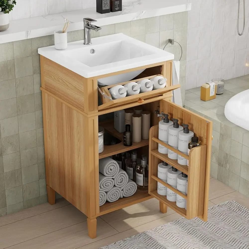 Solid wood bathroom cabinet with sink, storage cabinet, removable drawer and adjustable shelf