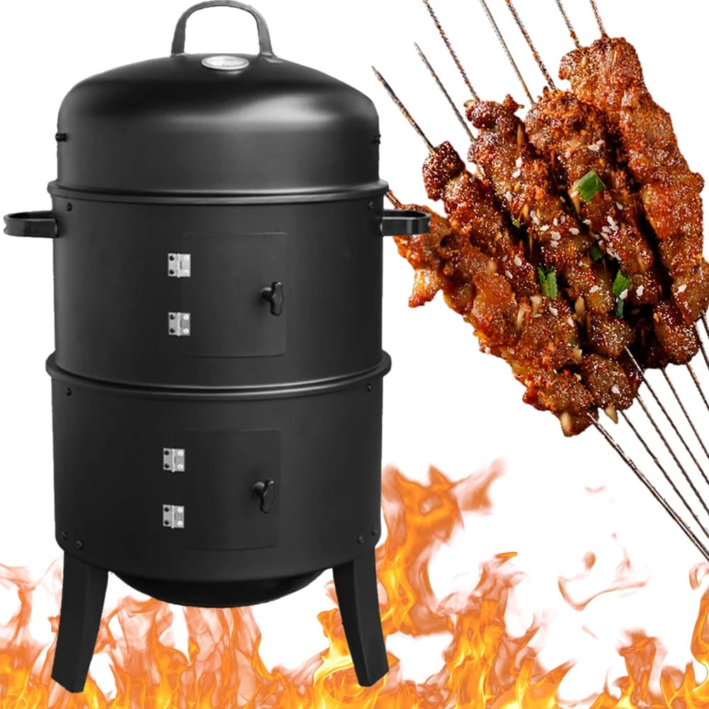 Carbon Vertical Smoker with Integrated Thermometer, Round BBQ Grill with Fan and 2 Access Doors for Open Kitchen Accessories