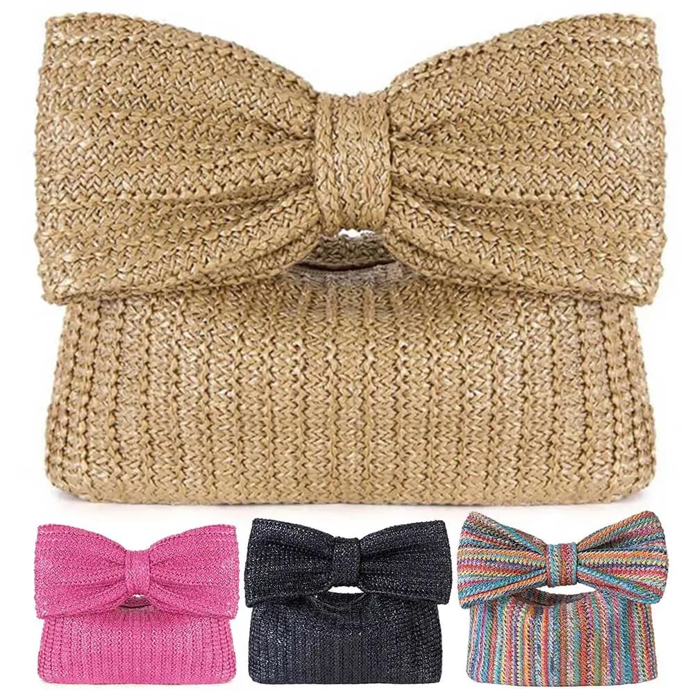Borsa da Spiaggia all'Uncinetto per Donne con Chiusura a Cerniera e Fiocco, Pochette Intrecciata, Borsa Versatile per Uso Quotidiano
