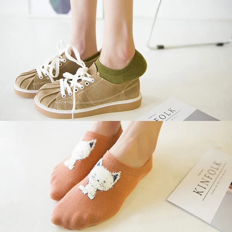 5Pairs Harajuku Cartoon Womens Socks Meias Quality Cotton Breathable Boat Socks Hosiery Japanese Sweet Women Funny Sock Slippers