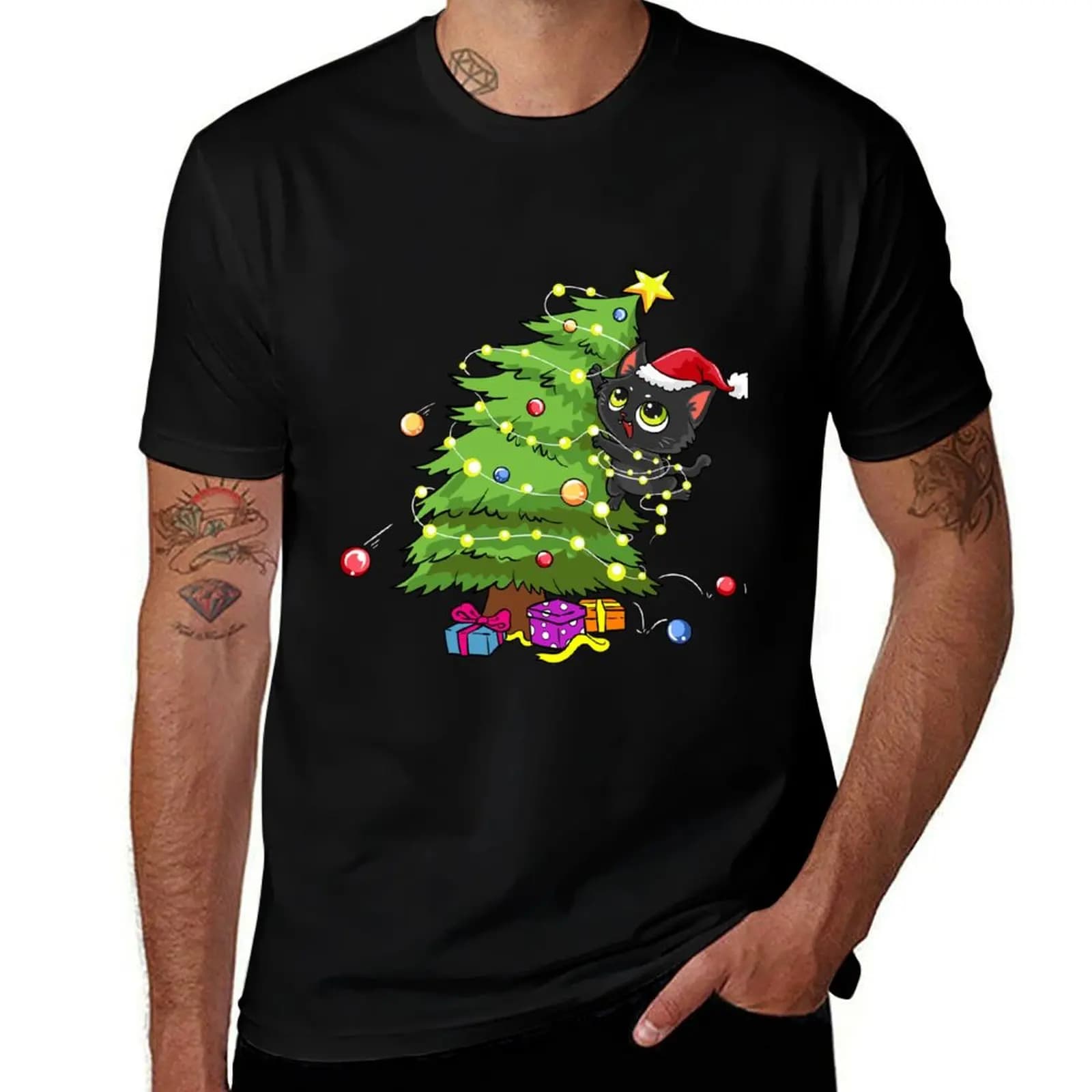 Santa Black Cat Tangled Up In Christmas Tree Lights Holiday T-Shirt Casual Minimalist Short Sleeve Top T-Shirt