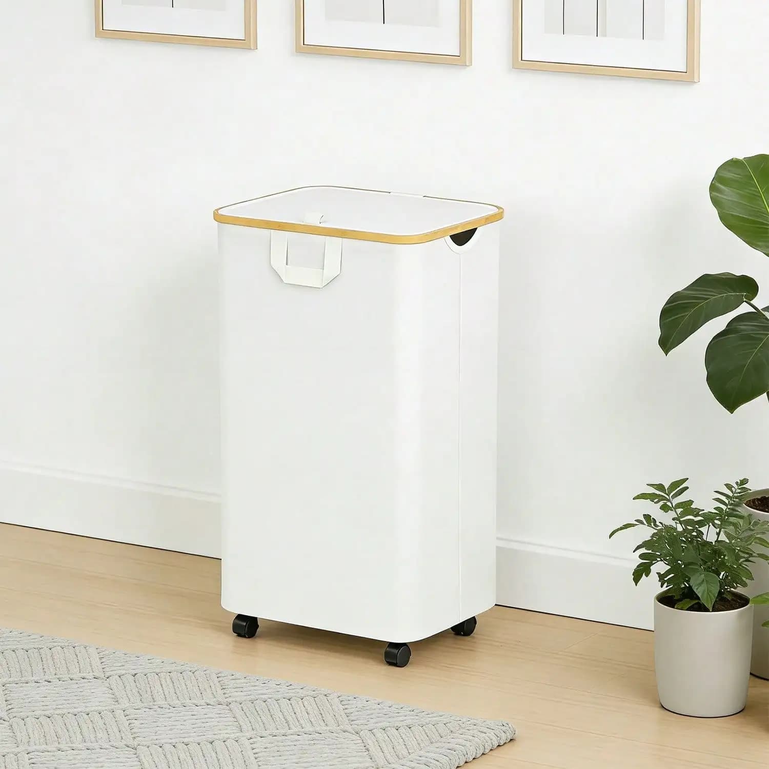Laundry Hamper With Wheels And Lid, 100L Rolling Clothes Basket With 4 Wheels 2 Locking, Bamboo Handle & Frame Always Upright, C