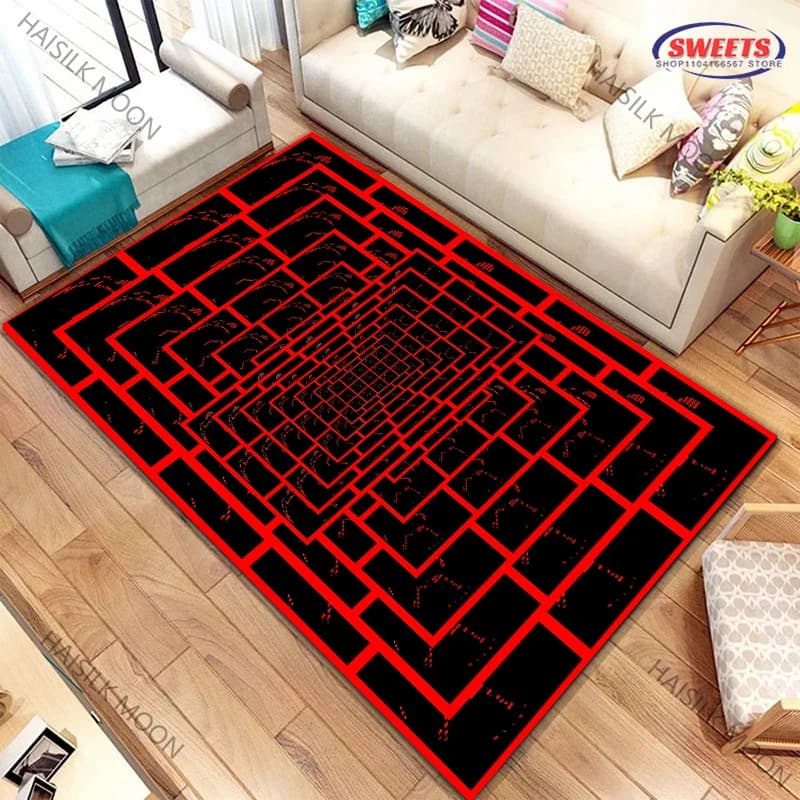 Fashionable geometric carpet with red and black visual maze for bedroom, living room, games room, office, furniture, yoga mat for family