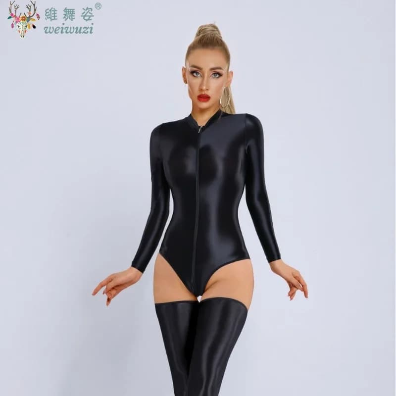 Body intero sexy da donna in nylon lucido ed elasticizzato, modellante per yoga, con cavallo aperto, per pole dance e discoteca, effetto trasparente