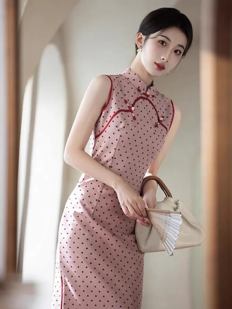 Elegant Polka Dot Pink Sleeveless Retro Chinese Style Girls Dress Summer 2026 New Arrival Daily Wear Polyester Fiber