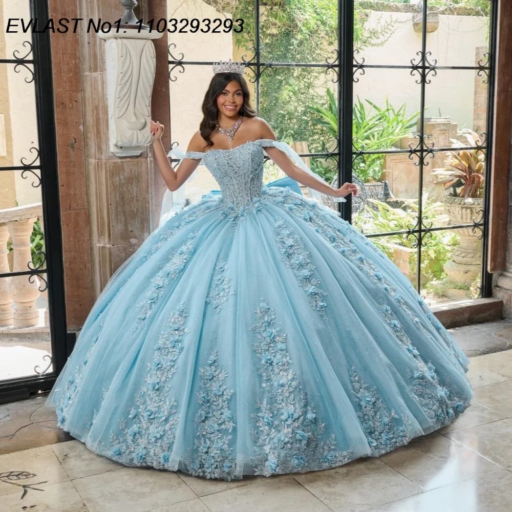 EVLAST Customized Shiny SKy Blue Quinceanera Dress Ball Gown Lace Applique Beading Bow Tie Sweet 16 Vestido De 15 Anos E1Q195
