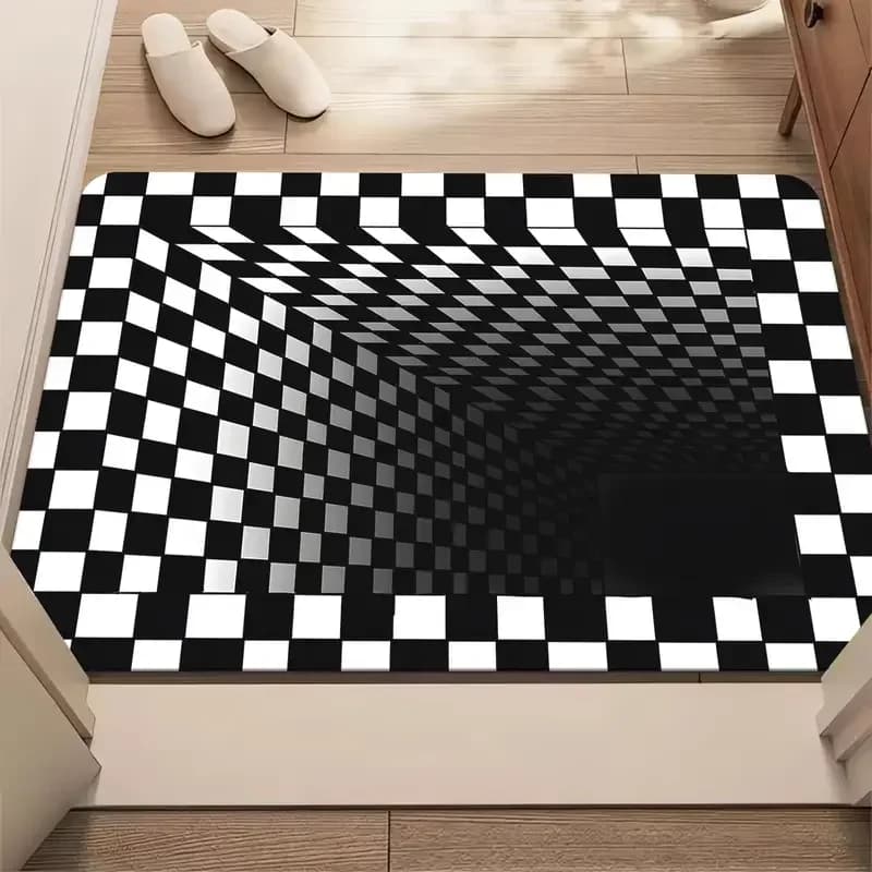 Tappeto d'ingresso 2D con illusione ottica, design piatto, antiscivolo, morbido, con motivo a scacchiera e tunnel, per l'arredamento della casa