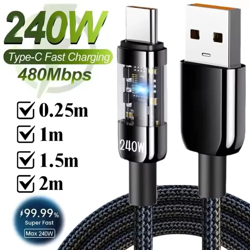 Quick charging data cable for phone type C 240 W USB PD Nylon woven LED lighting cable fast charging data 3.0 for Samsung Xiaomi Oneplus