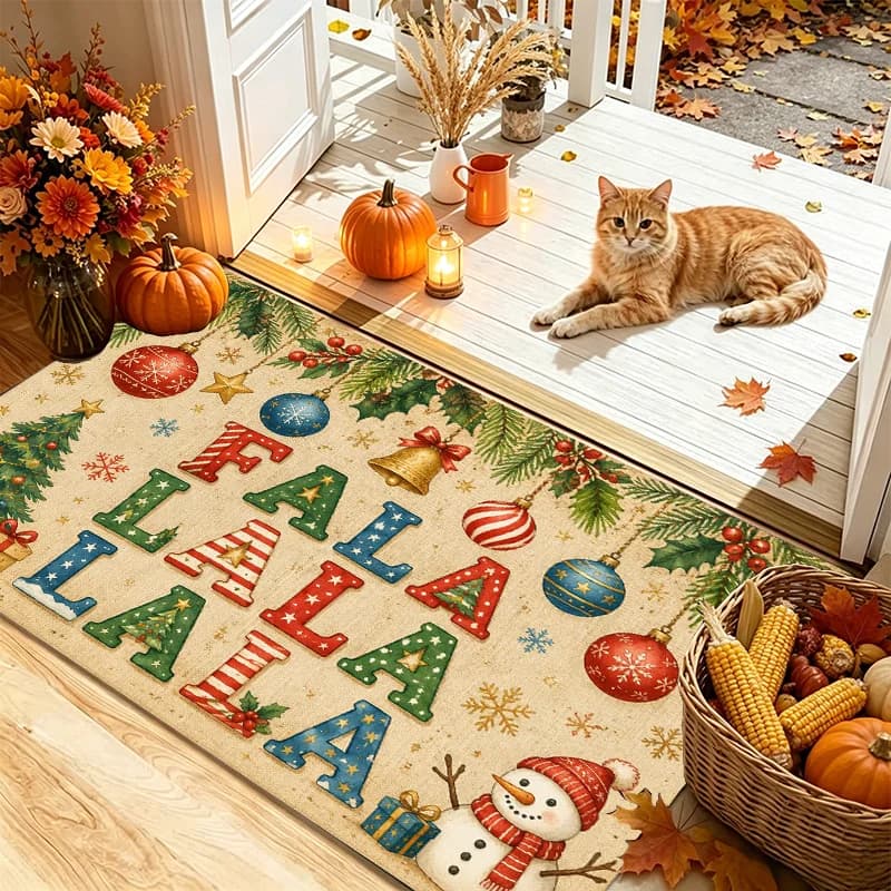 1pc Non-Slip Welcome Doormat Suitable for Christmas & Thanksgiving, Soft Flannel Rug with FALALALALA Letter Print, Snowman Bell Ornament, Machine Washable