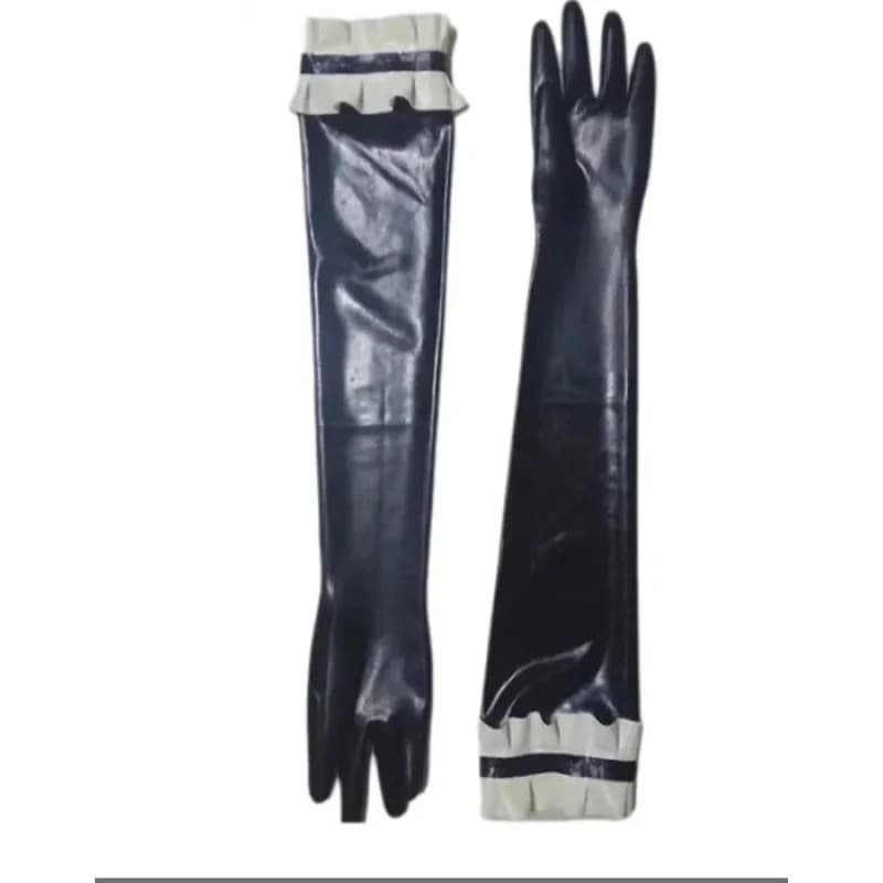 Sexy Black Latex Long Gloves with White Lace for Women Men