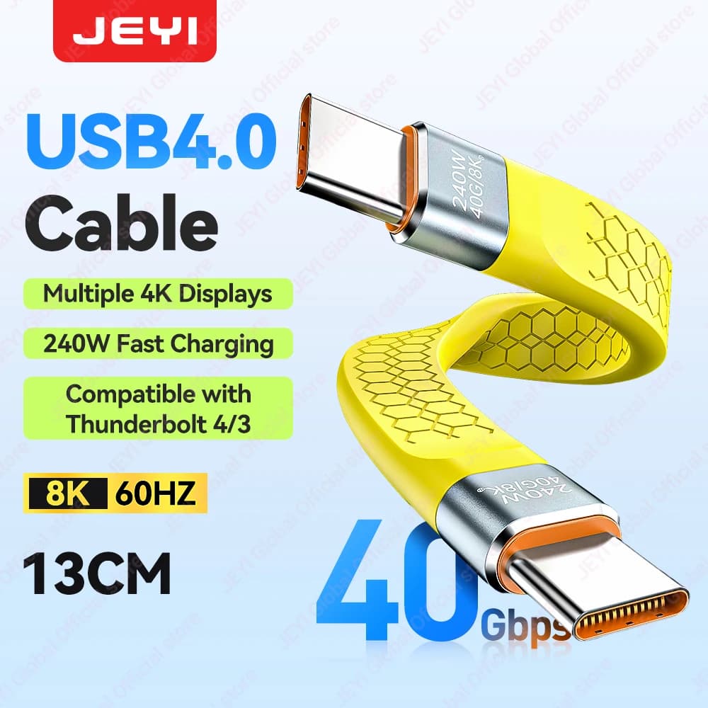 JEYI Flat Cable Short USB-C to USB-C 40Gbps 240W Fast Charge 8K Video FPC Flat Slim Flexible For MacBook MP4/3 Player Deck Phone
