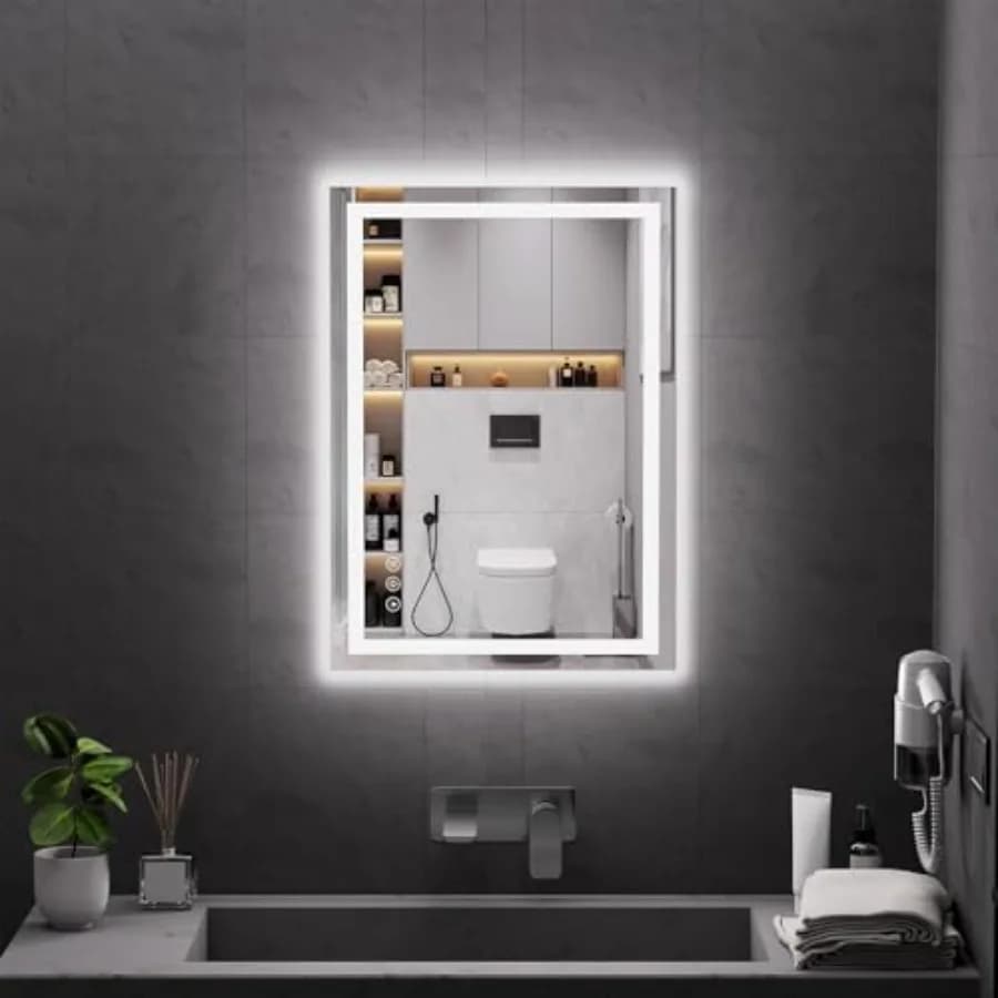 Specchio LED 28"x20" per Bagno, 90CRI, Antiappannamento, con Illuminazione Frontale e Posteriore, Infrangibile, da Parete, Facile da Installare