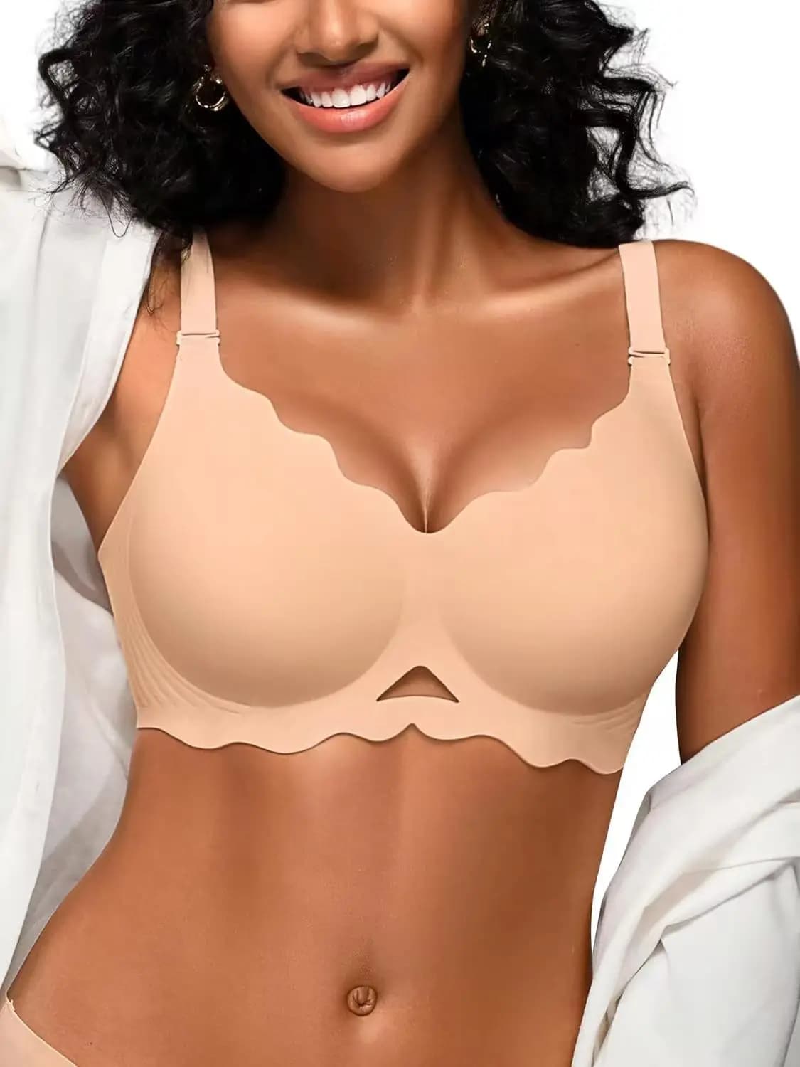 Women's Seamless Wire-free Bra with Deep V-neck Wavy Design Soft and Supportive Jelly-like Texture Full Cup Bra Plus Up