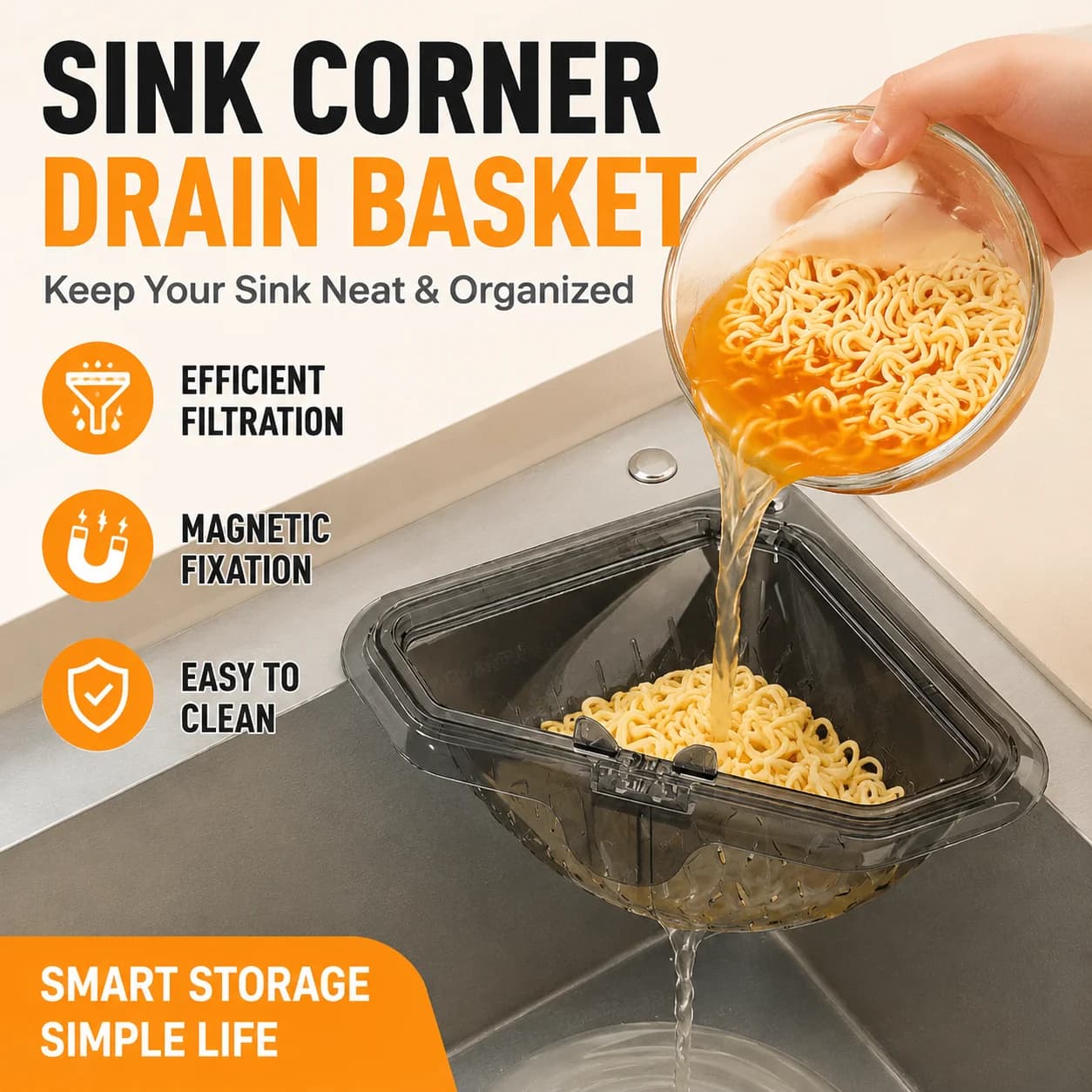 Magnetic Triangular Sink Strainer Basket No-drill Foldable Corner Drain Rack Kitchen Food Scrap Collector Anti-clogging Filter