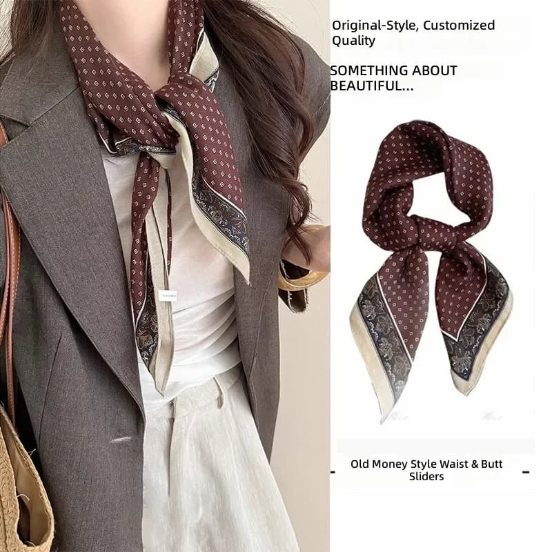2026 Retro Coffee Cashew Flower Silk Scarf Old Money Style Waist Scarf Velvet Small Square Scarf