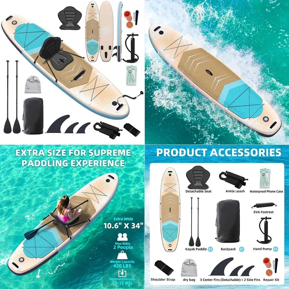 Tavola da Stand Up Paddle Gonfiabile con Sedile con Cinghie, Kit SUP Premium, Include Pagaia, Pompa, Zaino, Borsa Impermeabile, Pe