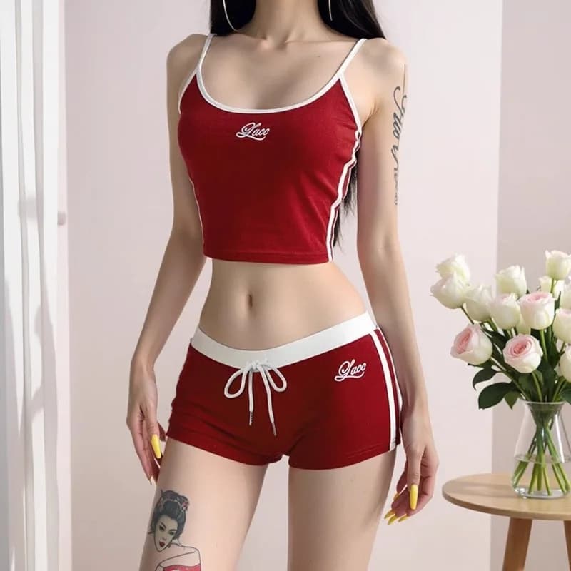 Woman Matching Sets Patchwork Embroidery Letter Tights U-neck Sling Drawstring Mini Shorts Sets Casual Female Tank Tops Sets