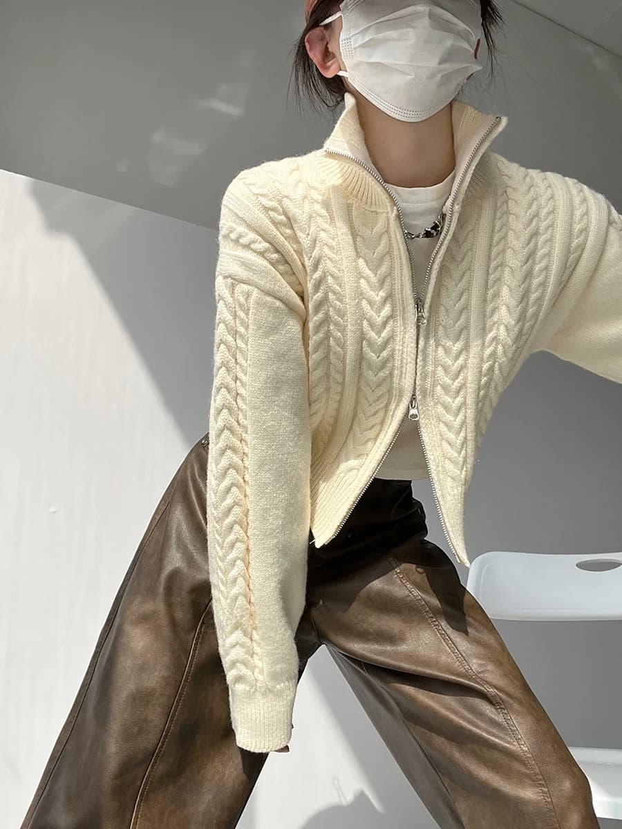 Retro Knitted Sweater Jacket Women's Autumn Lazy Loose Casual Short Sleeve Long Zipper Cardigan Warm Cozy Pure Color Sweet Style