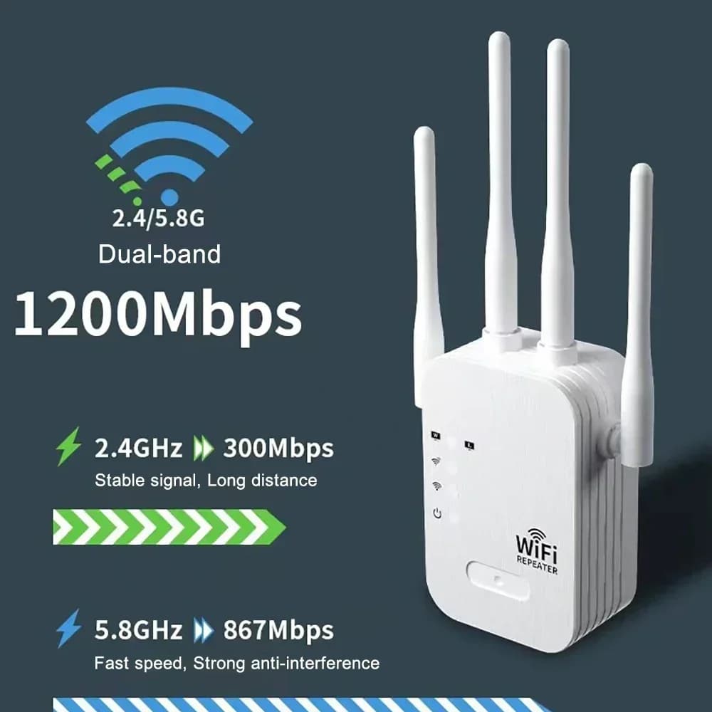 Ripetitore WiFi 1200Mbps、potenziatore di segnale, extender di rete wireless penetrante a quattro antenne per pareti domestiche, rete dual band 5G 2.4G