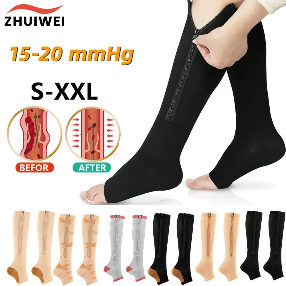 1 paio di calzini a compressione con cerniera 15-20 mmHg calze al ginocchio ad alto supporto donna uomo ciclismo Running calzini lunghi aperti con punta in rame