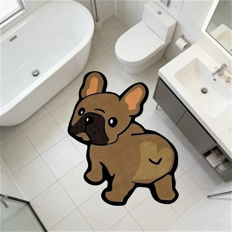 VIKAMA Cartoon French Bulldog Plush Rug, Non-Slip and Warm Bathroom Mat, Indoor/Outdoor Entryway Doormat, Home Decor