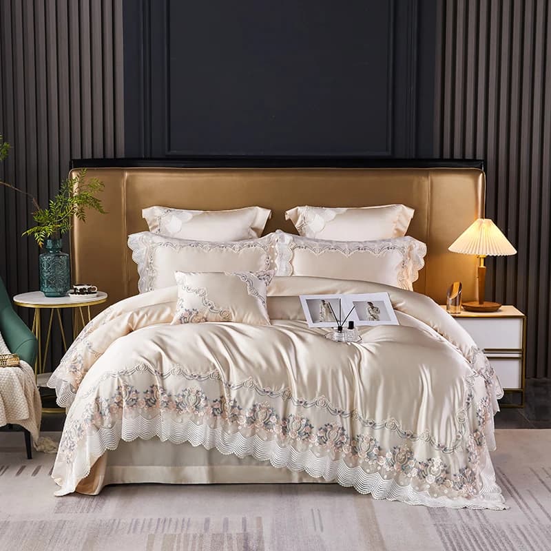 Set of bed linen for French wedding Champagne Set of bed linen Chic in luxury silk lace princess duvet pillow
