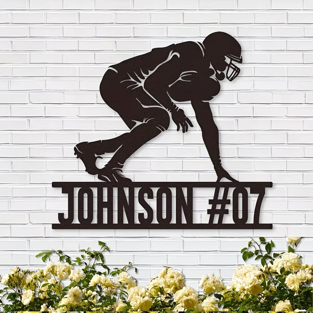 Custom American Football Player Metal Wall Art - Personalized Name & Number Plaque, Indoor/Outdoor Sports Decor for Man Cave