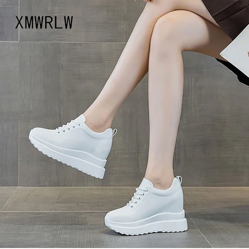 XMWRLW Women's Autumn Winter Shoes Women's winter shoes with hidden heel in real leather Black white sneakers Women's hot shoes in plush