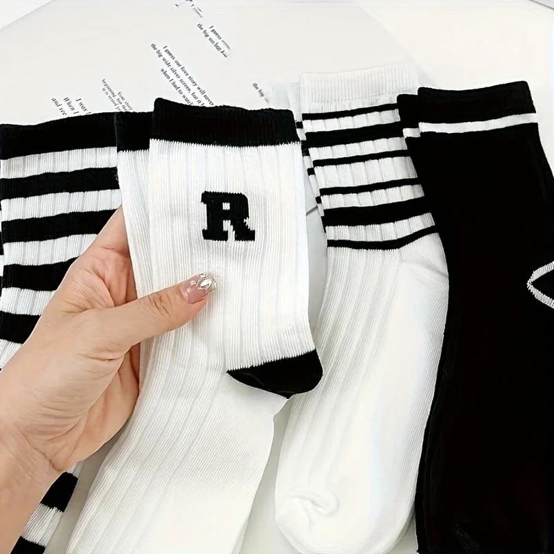 5 Pairs Women's Summer Striped Socks,Casual Mid-Length Socks, Leisure Style Sports Socks, Black And White Socks