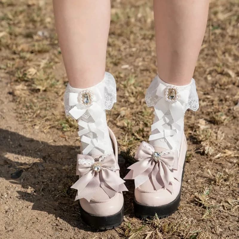 A Pair of Bow Lace Socks Japanese Square Diamond Gemstones Cute Lolita Cosplay Performance Decoration Clothing Accessories