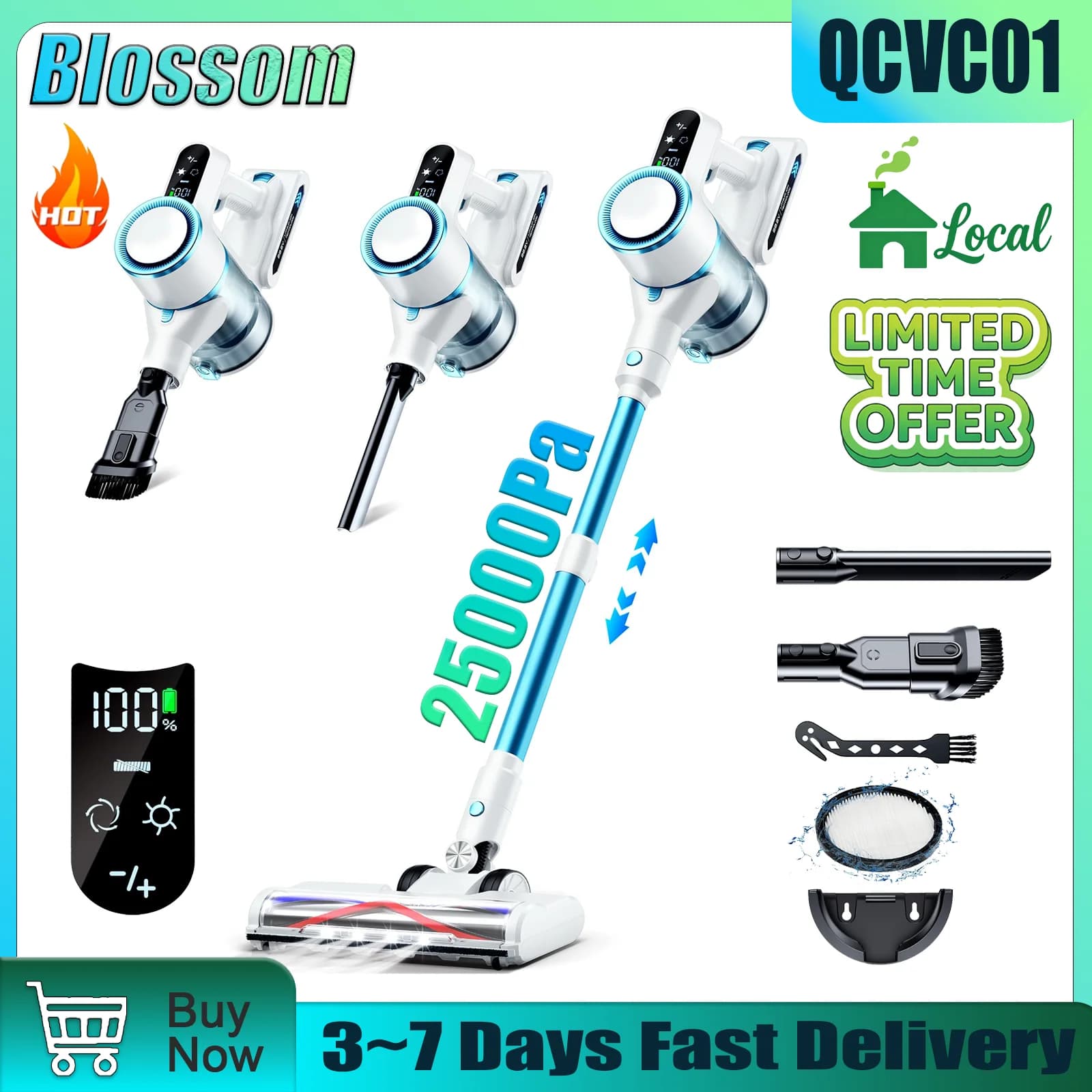 Aspirapolvere Senza Fili Blossom QCVC01 4-in-1 con Potenza di Aspirazione 25kPa, per Casa, Peli di Animali, Pavimenti, Tappeti e Auto