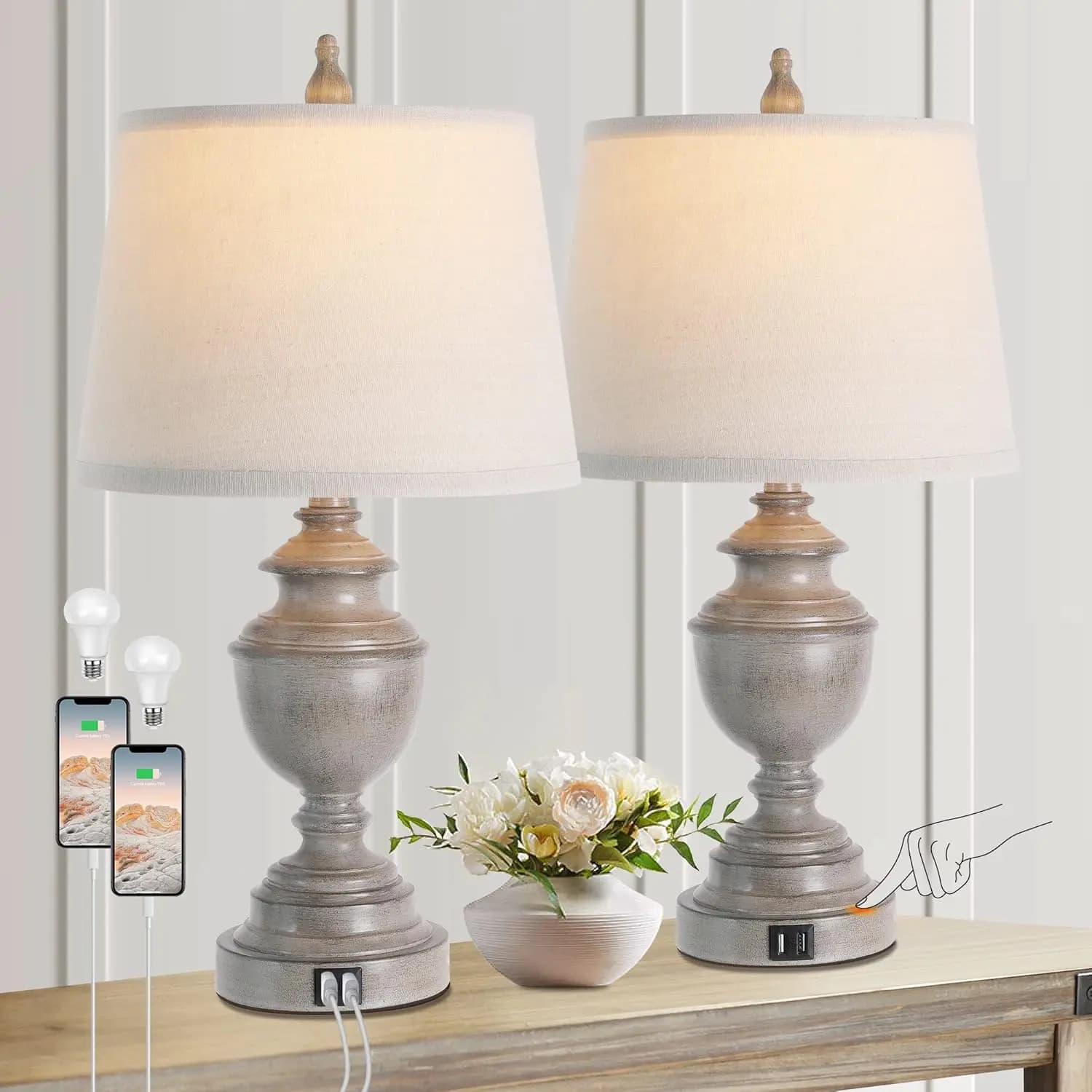 Set di 2 lampade da tavolo vintage grigie con porta USB, controllo touch dimmerabile per comodino camera da letto, stile fattoria