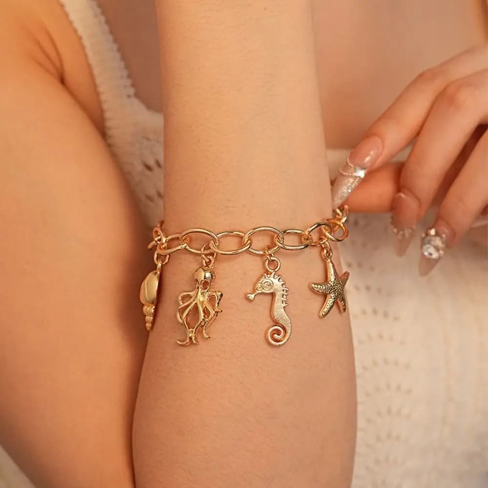 Elegante Braccialetto da Spiaggia con Stella Marina, Squisito Bracciale Semplice in Metallo, Ornamenti per Vacanze, Catena Traforata, Gioielli Stile Oceano per le Feste