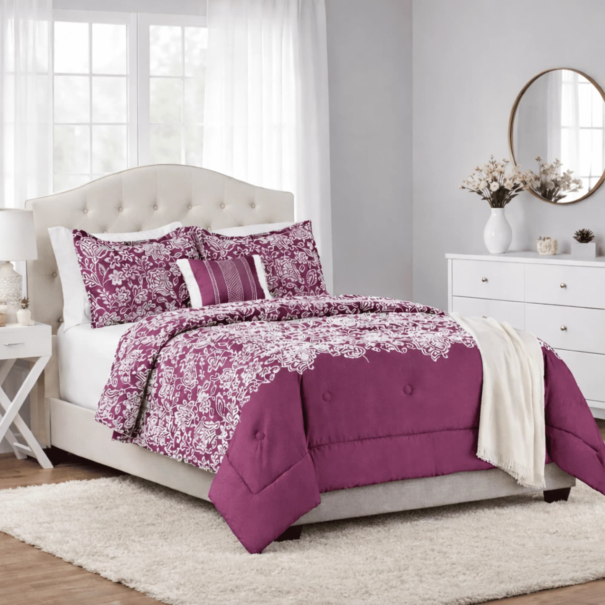 5-Piece Purple Flocking Embroidery Comforter Set with Decorative Pillow and Cozy Throw for King Bed