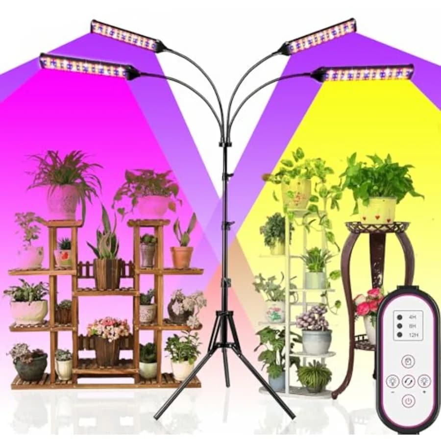 Lampada per Coltivazione Indoor a 4 Teste con 420 LED a Spettro Completo, Supporto e Timer, 10 Livelli di Luminosità Regolabile, per Vegetazione e Fioritura